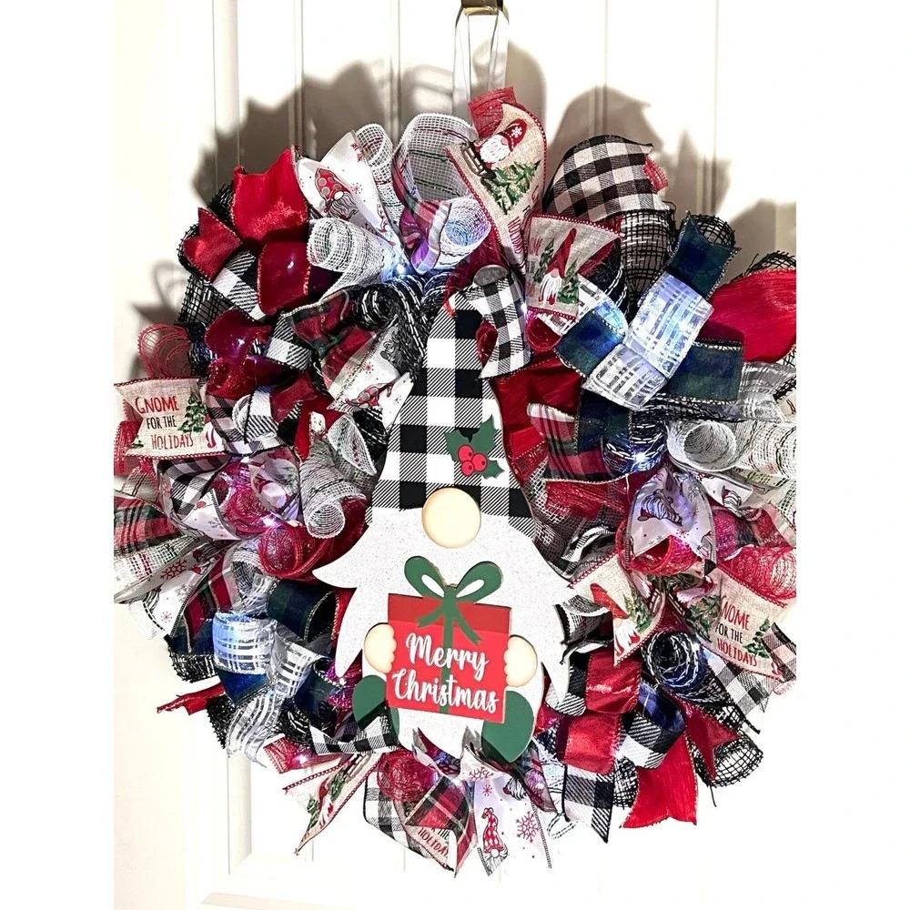 Handmade Merry Christmas Gnome Holiday Ribbon Door Wreath 22 ins W47
